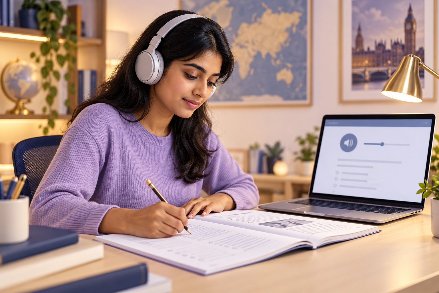 Learner studying with headphones and digital materials