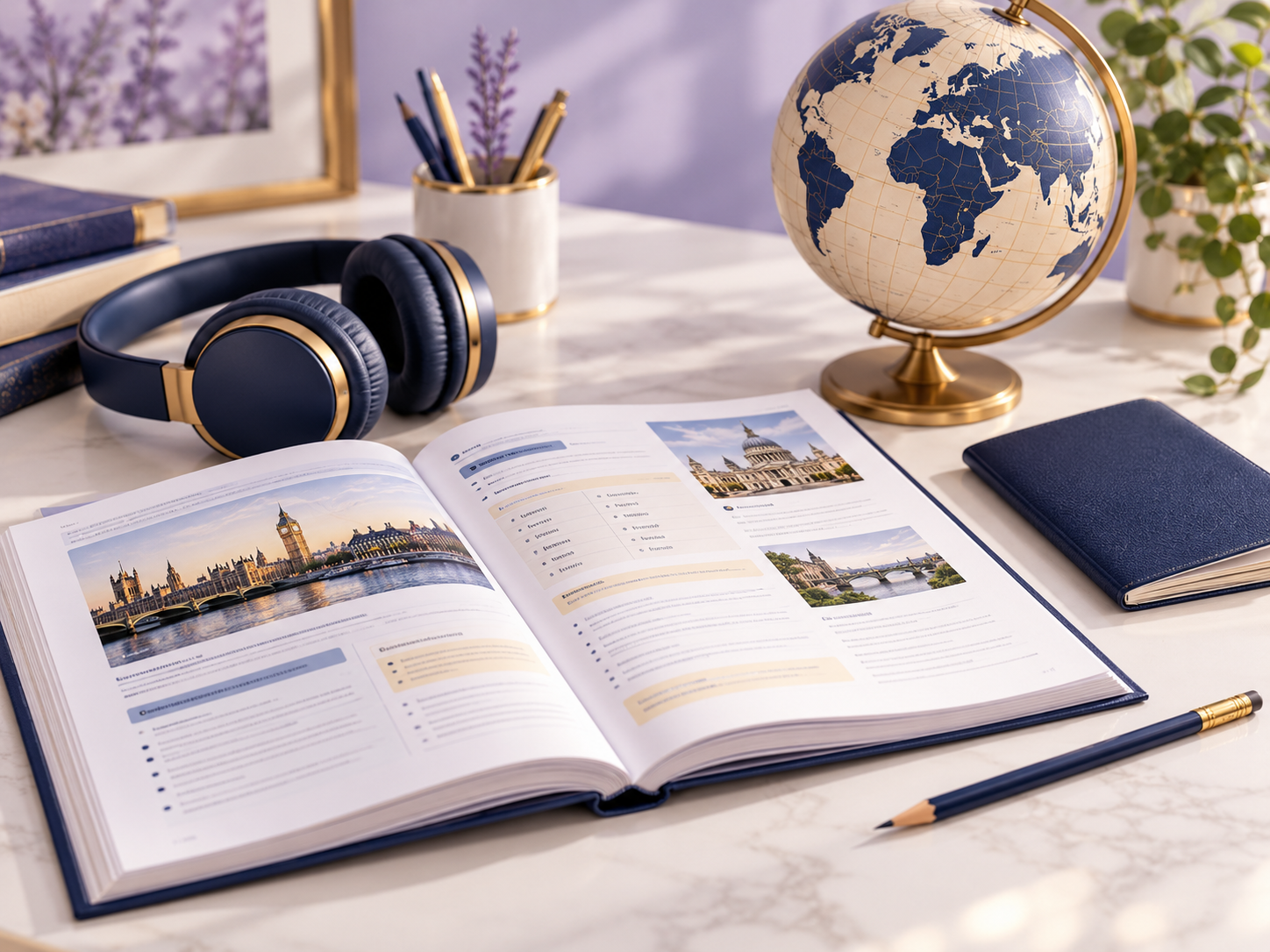 English learning materials, headphones and a globe