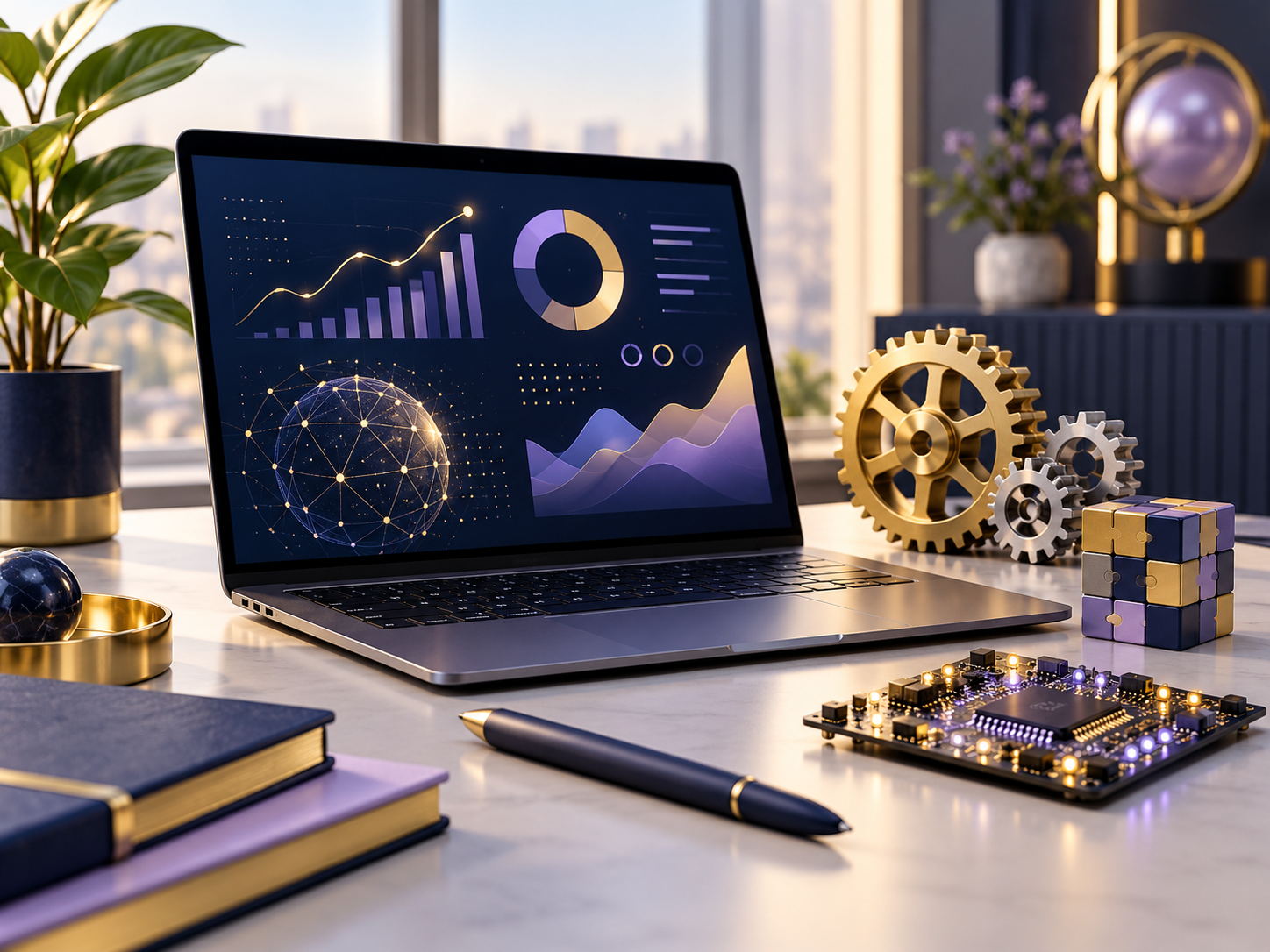 Future technology skills represented by analytics dashboards, circuitry, and gears