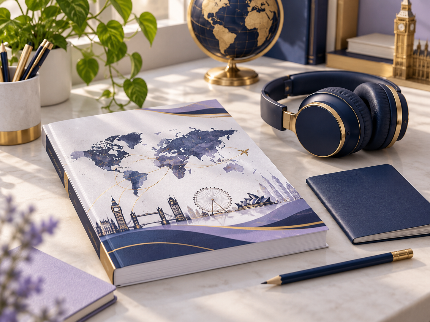 English test preparation books, headphones, and a globe