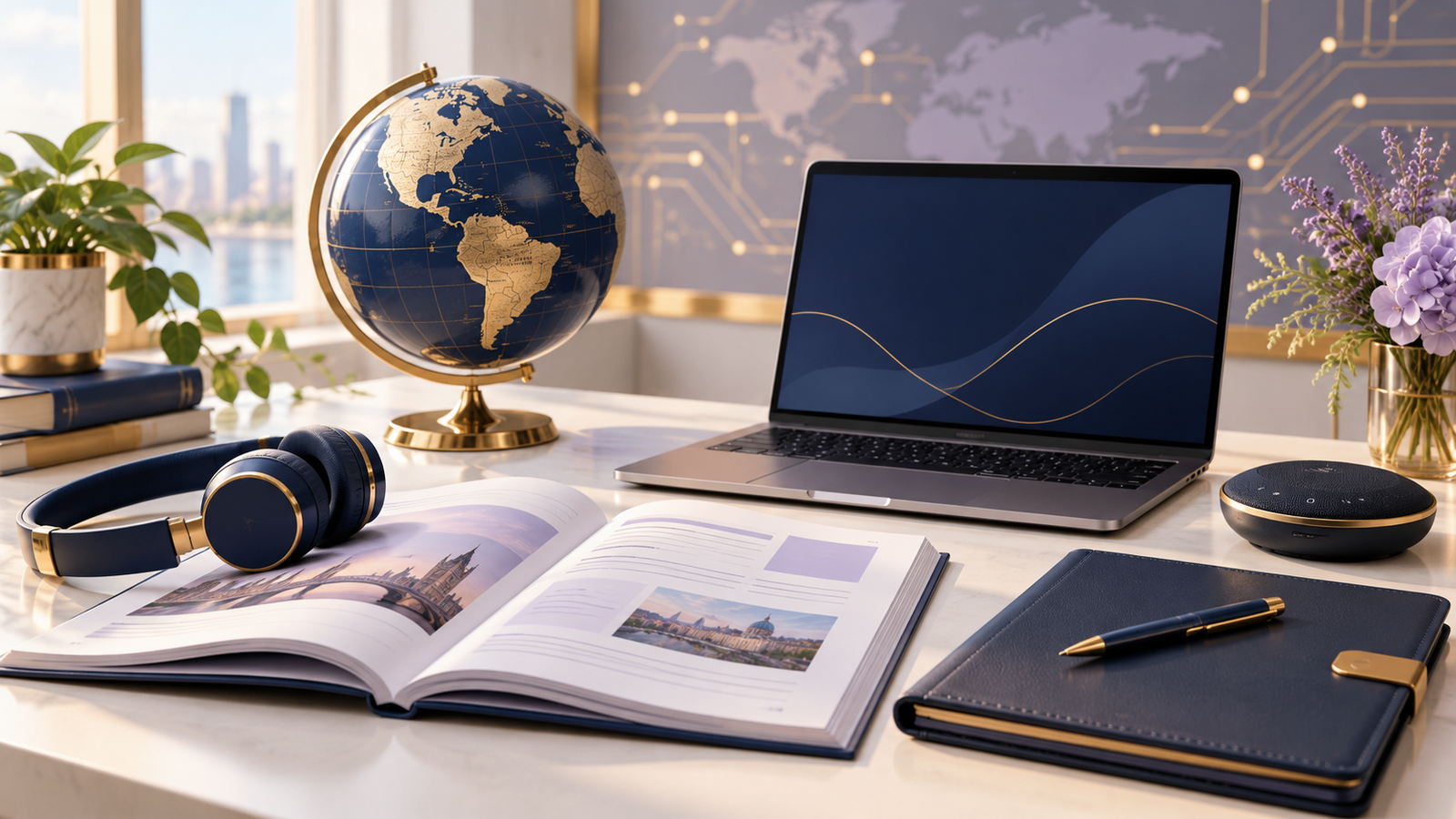 Course materials, a globe, headphones, a laptop and career portfolio